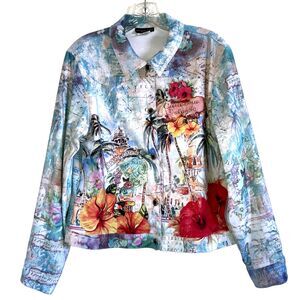 IMPULSE sz M Colorful Caribbean Jeans Jacket Top Made in USA Floral Map